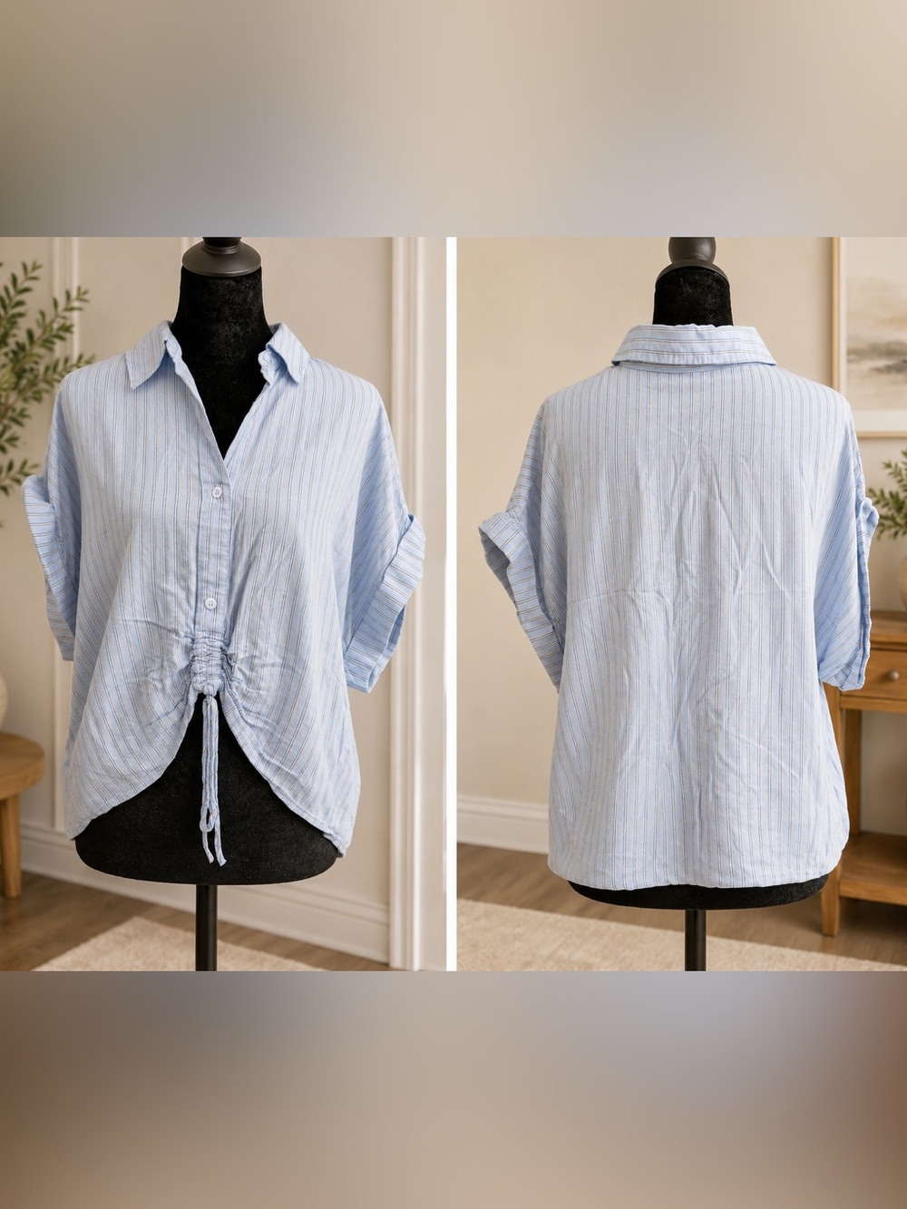 Express Light Blue Striped Button-Front Tie-Front Shirt